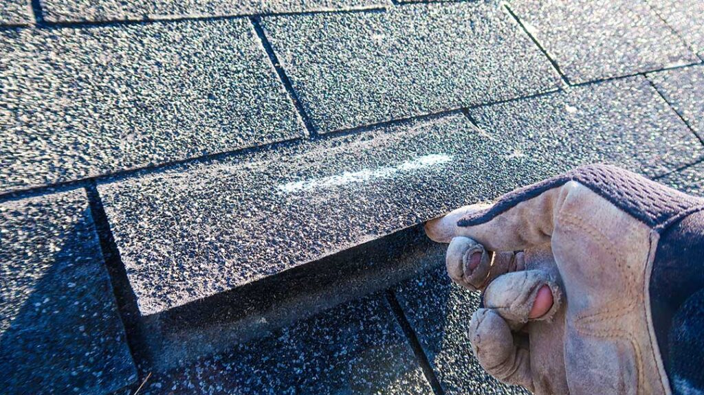 A homeowner examines aging asphalt shingles and flashing on a snow-dusted residential roof.
