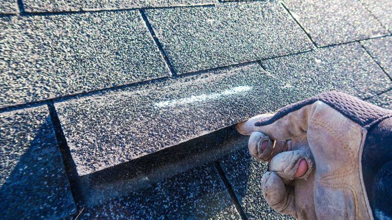 A homeowner examines aging asphalt shingles and flashing on a snow-dusted residential roof.